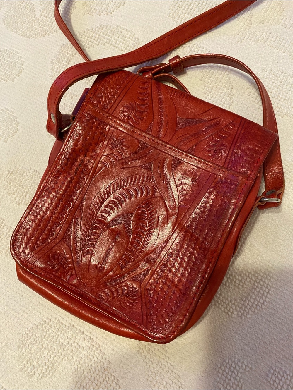 Hand-Tooled Floral Leather Crossbody Bag in Dark Pumpkin color. - Picture 4 of 10